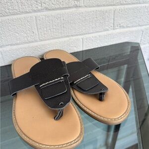 Black and Tan Leather Flats with X-Pattern Straps